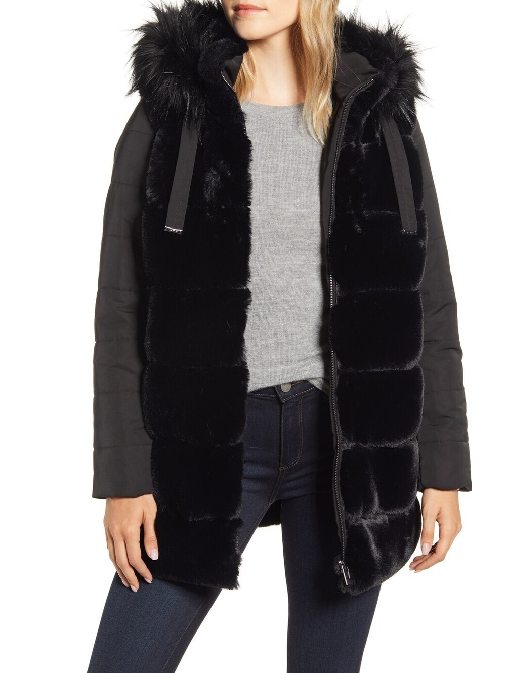 Via Spiga Faux-Fur Puffer-Sleeve womans Hooded Coat size M